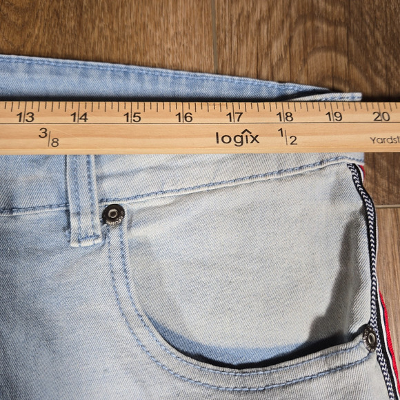 M Society Jeans 40x32 Blue Skinny Fit Distressed Paint Splatter Red Side Stripe - Picture 6 of 10